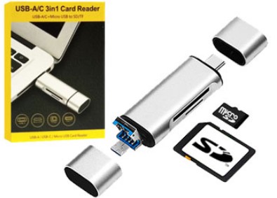[9944] LECTOR DE MEMORIAS 3 EN 1 USB MICROUSB USB TIPO C A SD MICROSD 2.0 TP-17820